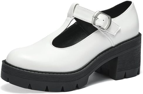 حذاء RELLSA نسائي كلاسيكي من Mary Janes على شكل حرف T وكعب متوسط ​​وكعب مكتنز ومقدمة مستديرة وأحذية لوليتا القوطي للكاحل وأحذية أكسفورد in Kuwait