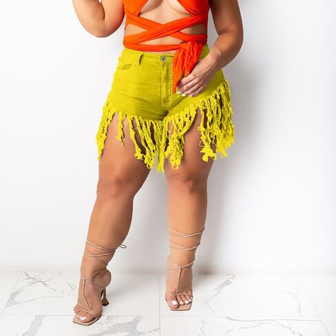 Aomice Women Plus Size High Waisted Tassels Jeans Shorts in Kuwait