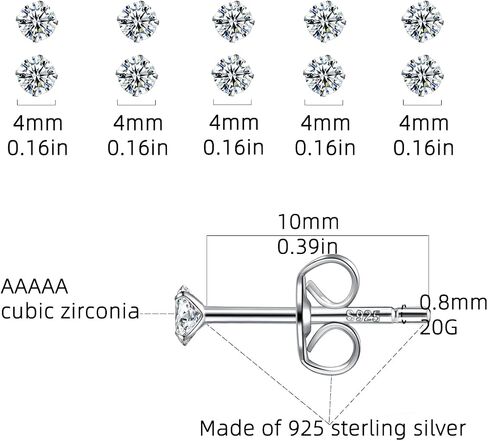 925 Sterling Silver Tiny 2mm 3mm 4mm Stud Earrings for Women: 5 Pairs Cartilage Helix Hypoallergenic Stud Earrings Clear Round CZ Stud Earrings Set for Girls Multiple Piercing in Kuwait
