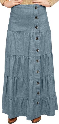 BabyO Women's Long Ankle Length Tiered Denim Prairie Skirt with Side Front Button in Kuwait