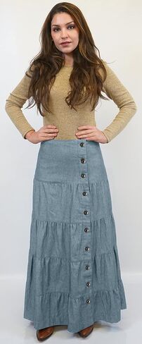 BabyO Women's Long Ankle Length Tiered Denim Prairie Skirt with Side Front Button in Kuwait