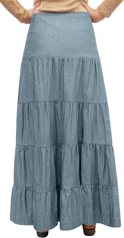 BabyO Women's Long Ankle Length Tiered Denim Prairie Skirt with Side Front Button in Kuwait