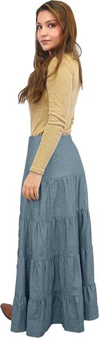 BabyO Women's Long Ankle Length Tiered Denim Prairie Skirt with Side Front Button in Kuwait