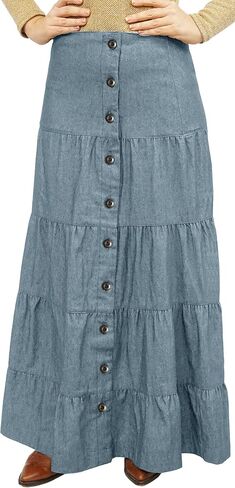 BabyO Women's Long Ankle Length Tiered Denim Prairie Skirt with Side Front Button in Kuwait