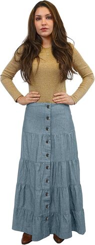 BabyO Women's Long Ankle Length Tiered Denim Prairie Skirt with Side Front Button in Kuwait