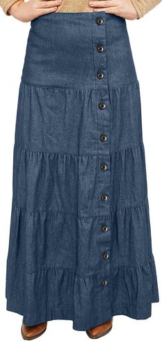 BabyO Women's Long Ankle Length Tiered Denim Prairie Skirt with Side Front Button in Kuwait