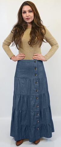 BabyO Women's Long Ankle Length Tiered Denim Prairie Skirt with Side Front Button in Kuwait