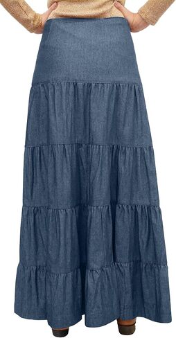 BabyO Women's Long Ankle Length Tiered Denim Prairie Skirt with Side Front Button in Kuwait