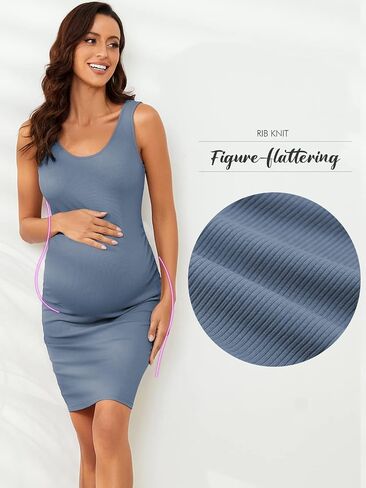 Ecavus Maternity Tank Dress, Maternity Bodycon Dress with Side Ruching | soft ribbed fabric,stretchy pregnancy fit,baby shower essential,all-stage pregnancy wear in Kuwait
