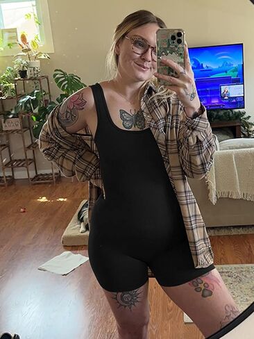 AIBIANOCEL Women's Maternity Bodysuit Pregnancy Shapewear Sleeveless Tank Top Shorts Ribbed Romper Jumpsuit in Saudi Arabia