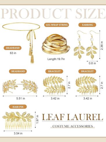 مجموعة إكسسوارات زي الآلهة اليونانية 8 قطع من Cindeer للنساء، عصابة رأس على شكل تاج من ورق الغار الذهبي، سوار ذراع علوي، سوار من أوراق اللؤلؤ، أقراط متدلية من أوراق الغار، مجوهرات توجا لحفلات الزفاف in Kuwait