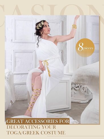 مجموعة إكسسوارات زي الآلهة اليونانية 8 قطع من Cindeer للنساء، عصابة رأس على شكل تاج من ورق الغار الذهبي، سوار ذراع علوي، سوار من أوراق اللؤلؤ، أقراط متدلية من أوراق الغار، مجوهرات توجا لحفلات الزفاف in Kuwait