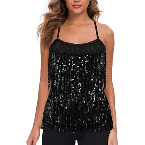 MANER Women’s Sequin Fringe Top Sparkly Party Tank Top Tassel Trim Cami in Kuwait