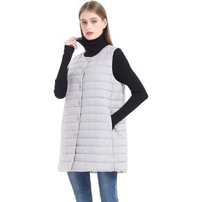 PACIBE Women Long Puffer Vest Down Quilted Lightweight Button Opening Sleeveless Jacket with Pockets
