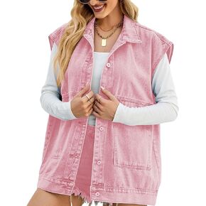 Korebow Women's Hooded Denim Jean Vest Sleeveless Lapel Button Down Vests with Hoodie Pockets