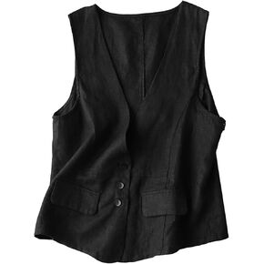 Shiyifa Women's Sleeveless Cotton Linen Vest Button Down V Neck Waistcoat Jacket