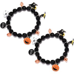 NVENF 2PCS Halloween Bracelets for Women Girls Pumpkin BOO Ghost Charm Bracelets Black Bead Stretch Bracelet Set Costume Party Gifts