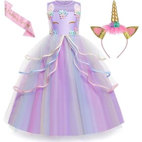 Chektin Unicorn Dress for Girls Unicorn Costume Pageant Princess Party Birthday Long Maxi Gown with Unicorn Headband Satin in Saudi Arabia