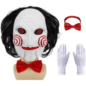 Enccfoeo Saw Billy Puppet Costume Mask Adult Horror Movie Cosplay Full Head Latex Mask with Hair Halloween Costumes Scary Clown Puppet Masquerade with Red Bow Tie and Gloves in Kuwait
