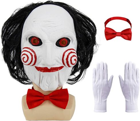 Enccfoeo Saw Billy Puppet Costume Mask Adult Horror Movie Cosplay Full Head Latex Mask with Hair Halloween Costumes Scary Clown Puppet Masquerade with Red Bow Tie and Gloves in Kuwait