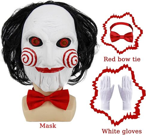 Enccfoeo Saw Billy Puppet Costume Mask Adult Horror Movie Cosplay Full Head Latex Mask with Hair Halloween Costumes Scary Clown Puppet Masquerade with Red Bow Tie and Gloves in Kuwait