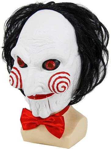 Enccfoeo Saw Billy Puppet Costume Mask Adult Horror Movie Cosplay Full Head Latex Mask with Hair Halloween Costumes Scary Clown Puppet Masquerade with Red Bow Tie and Gloves in Kuwait