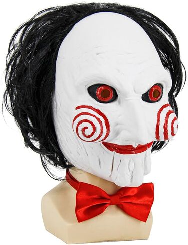 Enccfoeo Saw Billy Puppet Costume Mask Adult Horror Movie Cosplay Full Head Latex Mask with Hair Halloween Costumes Scary Clown Puppet Masquerade with Red Bow Tie and Gloves in Kuwait