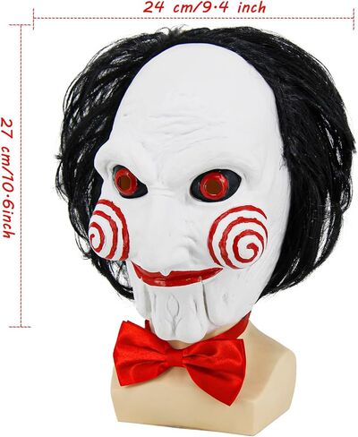 Enccfoeo Saw Billy Puppet Costume Mask Adult Horror Movie Cosplay Full Head Latex Mask with Hair Halloween Costumes Scary Clown Puppet Masquerade with Red Bow Tie and Gloves in Kuwait