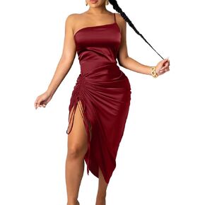 Women's Satin Dress Spaghetti Strap Drawstring Ruched Cocktail Evening Party Night Club Dresses