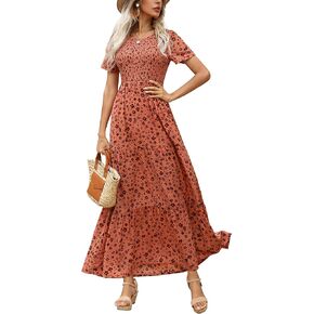 Maggeer Womens 2025 Summer Fall Smocked Wedding Guest Maxi Dress Casual Short Sleeve Floral Boho Flowy Long Dress in Kuwait