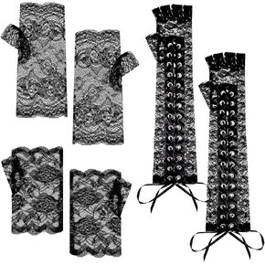 SATINIOR 3 Pairs Women Lace Fingerless Gloves Short Lace Gloves Elbow Lace up Steampunk Glove for Halloween Cosplay Party