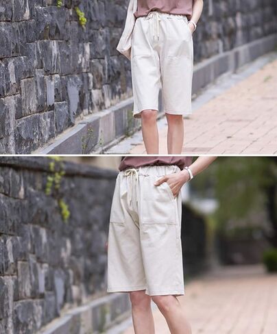 شورت برمودا نسائي كاجوال من Vcansion بخصر مطاطي للصيف برباط من القطن مع جيوب in Kuwait