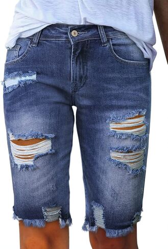Sidefeel Women Bermuda Shorts Denim Destroyed Raw Hem Shorts Jeans in Saudi Arabia