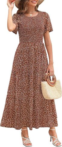 Maggeer Womens 2025 Summer Fall Smocked Wedding Guest Maxi Dress Casual Short Sleeve Floral Boho Flowy Long Dress in Kuwait