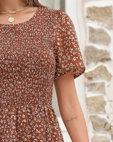 Maggeer Womens 2025 Summer Fall Smocked Wedding Guest Maxi Dress Casual Short Sleeve Floral Boho Flowy Long Dress in Kuwait