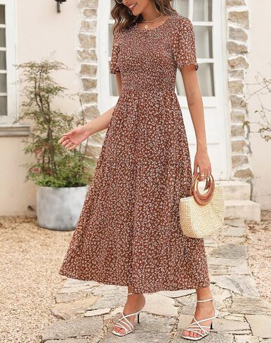 Maggeer Womens 2025 Summer Fall Smocked Wedding Guest Maxi Dress Casual Short Sleeve Floral Boho Flowy Long Dress in Kuwait