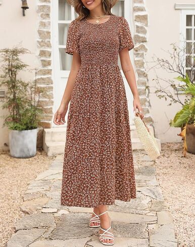Maggeer Womens 2025 Summer Fall Smocked Wedding Guest Maxi Dress Casual Short Sleeve Floral Boho Flowy Long Dress in Kuwait