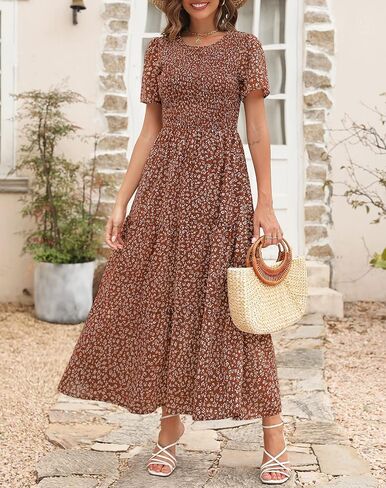 Maggeer Womens 2025 Summer Fall Smocked Wedding Guest Maxi Dress Casual Short Sleeve Floral Boho Flowy Long Dress in Kuwait