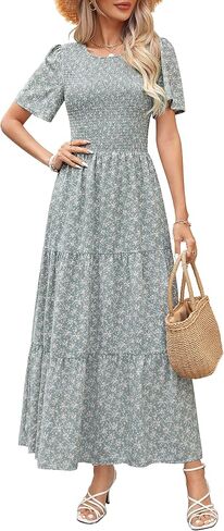 Maggeer Womens 2025 Summer Fall Smocked Wedding Guest Maxi Dress Casual Short Sleeve Floral Boho Flowy Long Dress in Kuwait