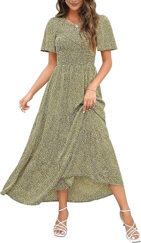 Maggeer Womens 2026 Summer Spring Smocked Wedding Guest Maxi Dress Casual Short Sleeve Floral Boho Flowy Long Dress in Saudi Arabia