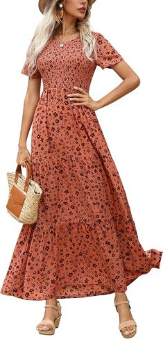 Maggeer Womens 2025 Summer Fall Smocked Wedding Guest Maxi Dress Casual Short Sleeve Floral Boho Flowy Long Dress in Kuwait