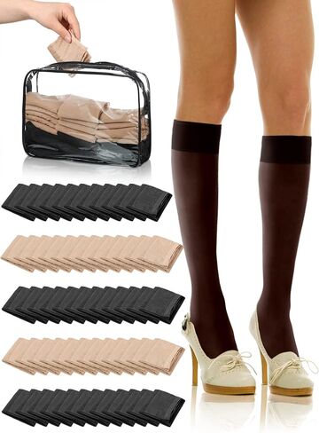 Preboun 50 Pairs Nylon Knee Highs for Women Knee High Stockings for Women with PVC Makeup Bag in Kuwait