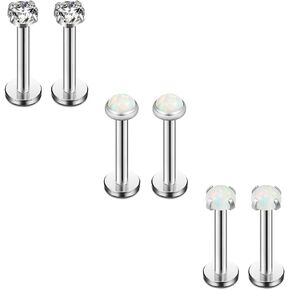 Ruifan Opal & Clear CZ Internally Threaded Stainless Steel Labret Monroe Lip Ring Tragus Helix Earring Stud 16G 5/16" 8mm 6PCS