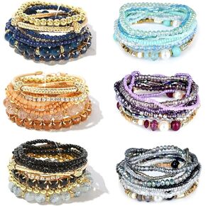 WAINIS 6 Sets Bohemian Stackable Bead Bracelets for Women Multicolor Stretch Beaded Bracelets Layered Bead Adjustable Bracelet Turquoise Stretch Bracelets