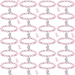 24 Pcs Pink Beaded Breast Cancer Awareness Gifts for Women Adjustable Breast Cancer Bracelets with Ribbon Charm Strong Women's Stretch Bracelets for Breast Cancer Survivor Gifts Support Campaign in Kuwait