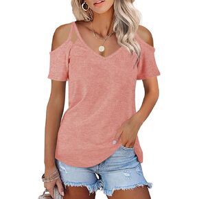 Minclouse Women's Summer Short Sleeves Tops Cold Shoulder V Neck Shirts Casual Strappy Tees in Saudi Arabia