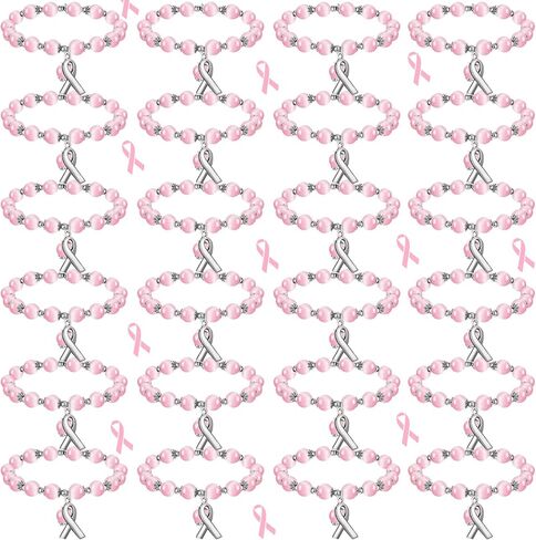 24 Pcs Pink Beaded Breast Cancer Awareness Gifts for Women Adjustable Breast Cancer Bracelets with Ribbon Charm Strong Women's Stretch Bracelets for Breast Cancer Survivor Gifts Support Campaign in Kuwait