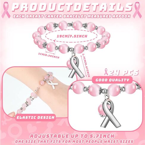 24 Pcs Pink Beaded Breast Cancer Awareness Gifts for Women Adjustable Breast Cancer Bracelets with Ribbon Charm Strong Women's Stretch Bracelets for Breast Cancer Survivor Gifts Support Campaign in Kuwait