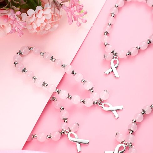 24 Pcs Pink Beaded Breast Cancer Awareness Gifts for Women Adjustable Breast Cancer Bracelets with Ribbon Charm Strong Women's Stretch Bracelets for Breast Cancer Survivor Gifts Support Campaign in Kuwait