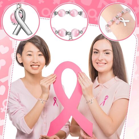 24 Pcs Pink Beaded Breast Cancer Awareness Gifts for Women Adjustable Breast Cancer Bracelets with Ribbon Charm Strong Women's Stretch Bracelets for Breast Cancer Survivor Gifts Support Campaign in Kuwait